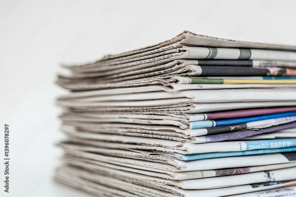 Close up photography of a stack of newspapers on a white background for visual appeal Close up photography of a stack of newspapers on a white background for visual appeal
