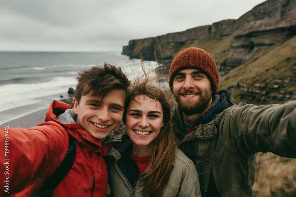 Three friends smiling and taking selfie on windswept cliffside overlooking ocean. Clouds and waves create serene, scenic backdrop with rugged coast in view Three friends smiling and taking selfie on windswept cliffside overlooking ocean. Clouds and waves create serene, scenic backdrop with rugged coast in view