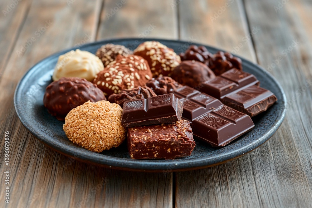 A dark plate is filled with an enticing variety of chocolates and sweets, including chocolate bars, truffles, and nutty cookies. The items are beautifully presented on a rustic wooden surface A dark plate is filled with an enticing variety of chocolates and sweets, including chocolate bars, truffles, and nutty cookies. The items are beautifully presented on a rustic wooden surface