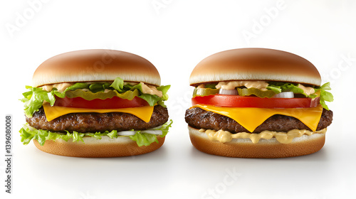 Two delicious cheeseburgers with fresh ingredients, showcasing vibrant colors and appetizing details.
