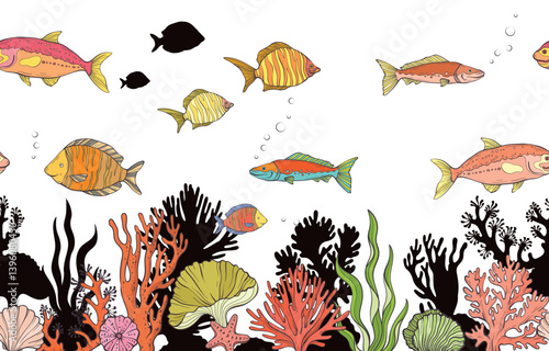 A seamless vector pattern depicting a underwater scene with colorful tropical fish swimming among coral reefs, seaweed, and marine flora on a white background
