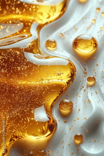 Golden oil drops floating over a white glossy texture with smooth waves