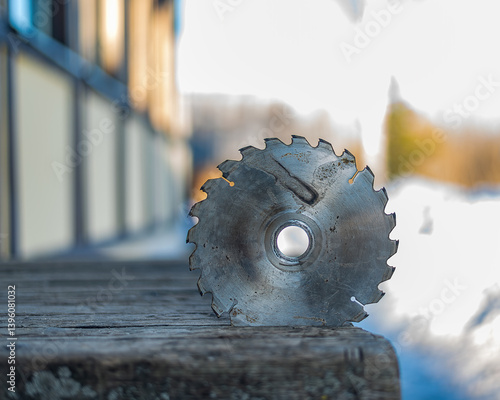 Obraz na płótnie Metal Saw, Circular silver metal saw blade with jagged edge rests on wooden table. w salonie
