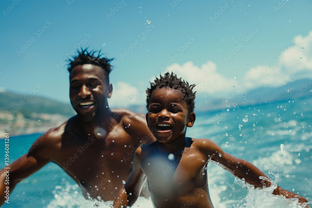 Father and young son swimming in ocean waves on bright sunny day, laughter and playfulness evident. Background shows coastal scenery and clear blue sky with a few clouds Father and young son swimming in ocean waves on bright sunny day, laughter and playfulness evident. Background shows coastal scenery and clear blue sky with a few clouds