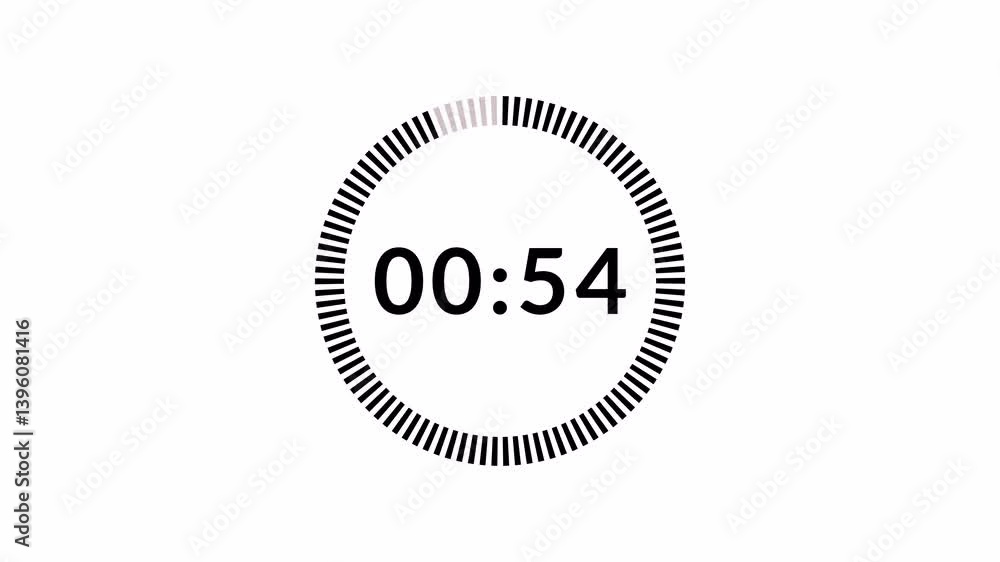 One minute countdown animation from 60 seconds to 0 second with alpha channel, 1 minute countdown timer on transparent background, one minute countdown video