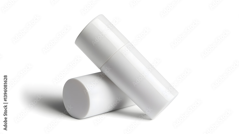 Two sleek, white cylindrical containers a minimalist design, perfect for skincare or cosmetic products. Two sleek, white cylindrical containers a minimalist design, perfect for skincare or cosmetic products.