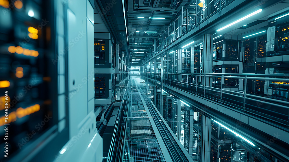 Fototapeta premium Futuristic Data Center Corridor With Glowing Panels