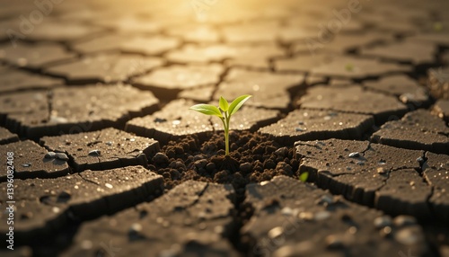 Seed sprouting in cracked soil, resilience metaphor, soft directional light