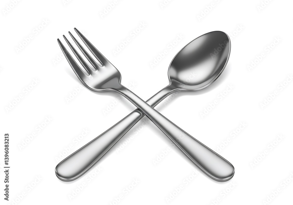 A silverware set featuring a fork and a spoon crossed on a plain white surface area A silverware set featuring a fork and a spoon crossed on a plain white surface area