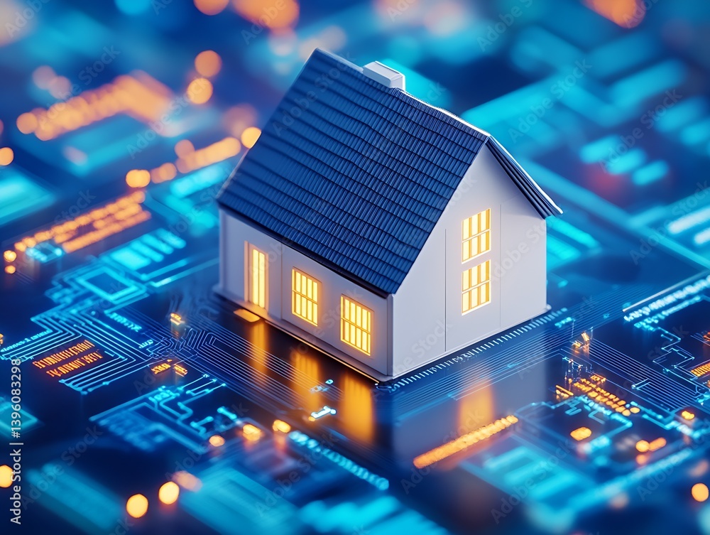 Stylish miniature house illuminated by lights on a cyber-themed circuit board landscape : Generative AI Stylish miniature house illuminated by lights on a cyber-themed circuit board landscape : Generative AI