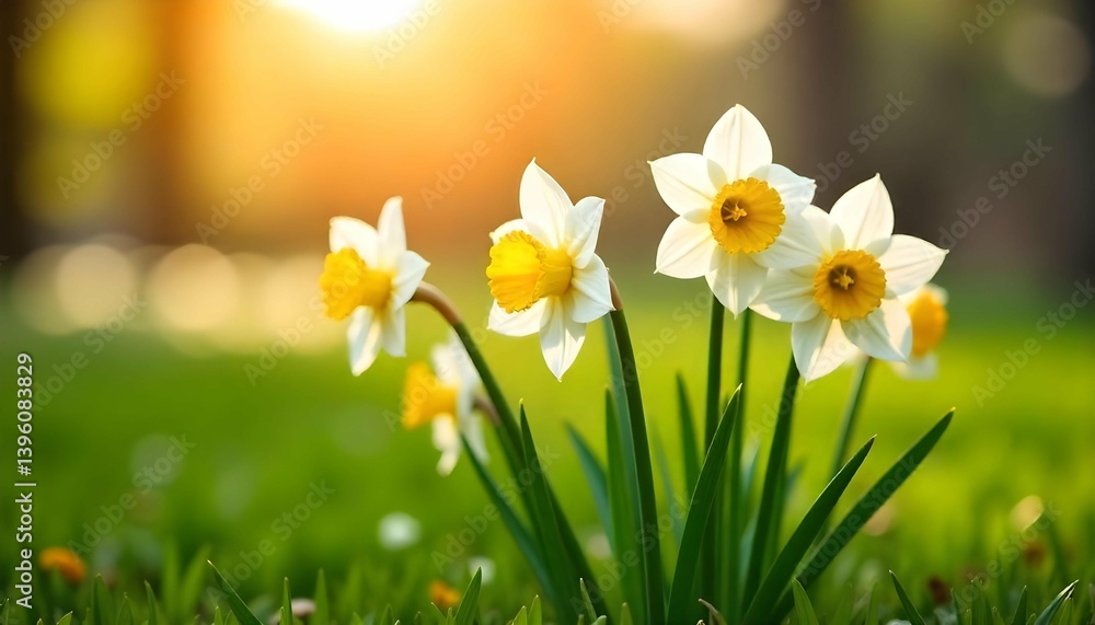 Fototapeta premium A group of white daffodils with yellow centers, growing in a field of green grass. The sun is shining brightly in the background, creating a warm and golden glow. The flowers are in full bloom, with t