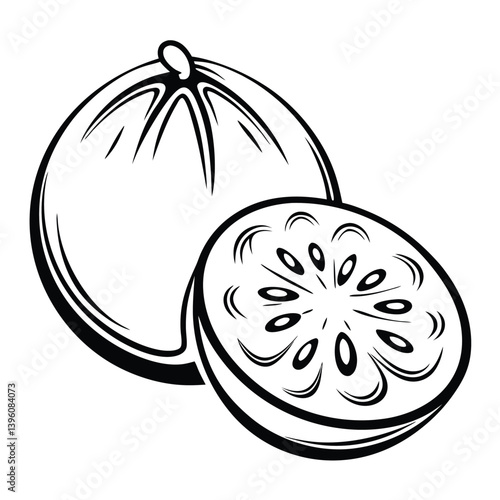 Simple Black & White Passion Fruit Duo One Whole, One Sliced, Artistic Outlines