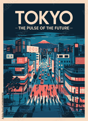Tokyo, Japan travel destination poster in retro style. Night cityscape vector illustration