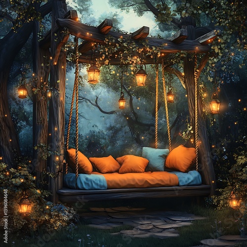 A cozy garden swing beneath glowing lanterns in twilight.