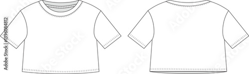 Editable flat sketch of a short-sleeved crop top with a crew neck. Includes front and back views. For fashion design, tech packs, and garment development.