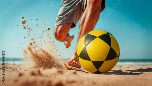 Close up man playing foot volley or beach soccer with yellow ball on sand