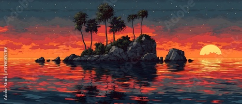 A serene tropical island at sunset, featuring palm trees silhouetted against a vibrant orange and purple sky. The calm waters reflect the colorful sky and the sun setting on the horizon. Illustration.