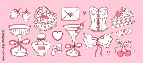 Coquette aesthetic pink stickers in hand drawn vintage style. White rococo doodle vector set. Heart shaped cake, champagne glass, martini, collar, corset, bow, ribbon, cherry. Happy Valentine's day