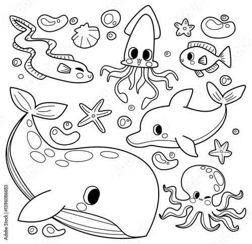 Hand drawn water animals coloring book illustration