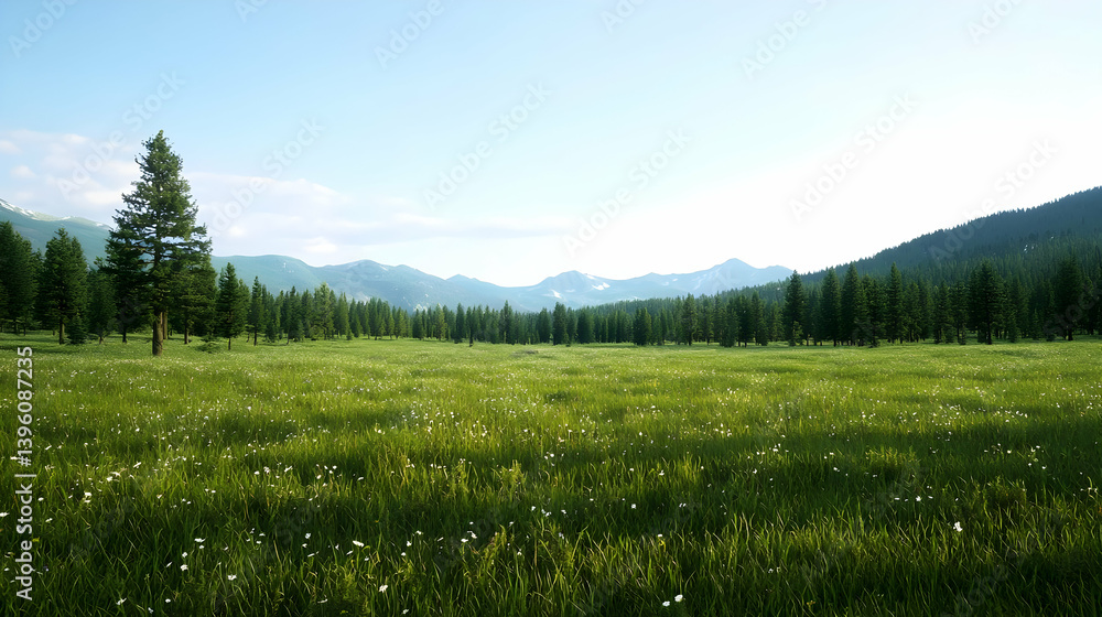 Fototapeta premium Scenic Meadow Landscape With Trees And Mountains