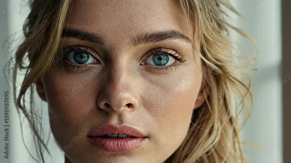 Close-up portrait of a beautiful, fair-skinned woman with striking blue eyes and blonde hair looking directly at the camera with a captivating gaze. Close-up portrait of a beautiful, fair-skinned woman with striking blue eyes and blonde hair looking directly at the camera with a captivating gaze.