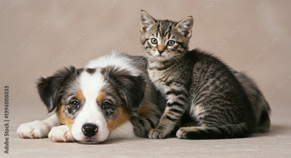 A sweet merle puppy and tabby kitten nestled together, sharing an innocent moment of friendship against a neutral backdrop. A sweet merle puppy and tabby kitten nestled together, sharing an innocent moment of friendship against a neutral backdrop.