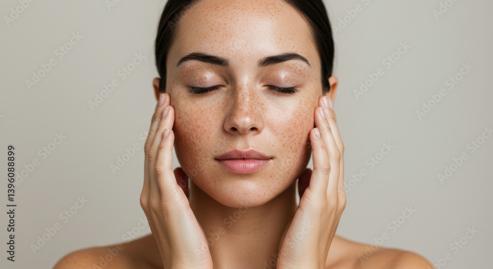 Woman with closed eyes gently touching her face with both hands in a serene and peaceful manner indoors Woman with closed eyes gently touching her face with both hands in a serene and peaceful manner indoors