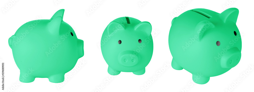 Set Piggy bank pig Green color on isolated white background close up