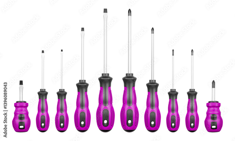 Set of Philips and flathead screwdrivers Pink color on isolated white background close-up