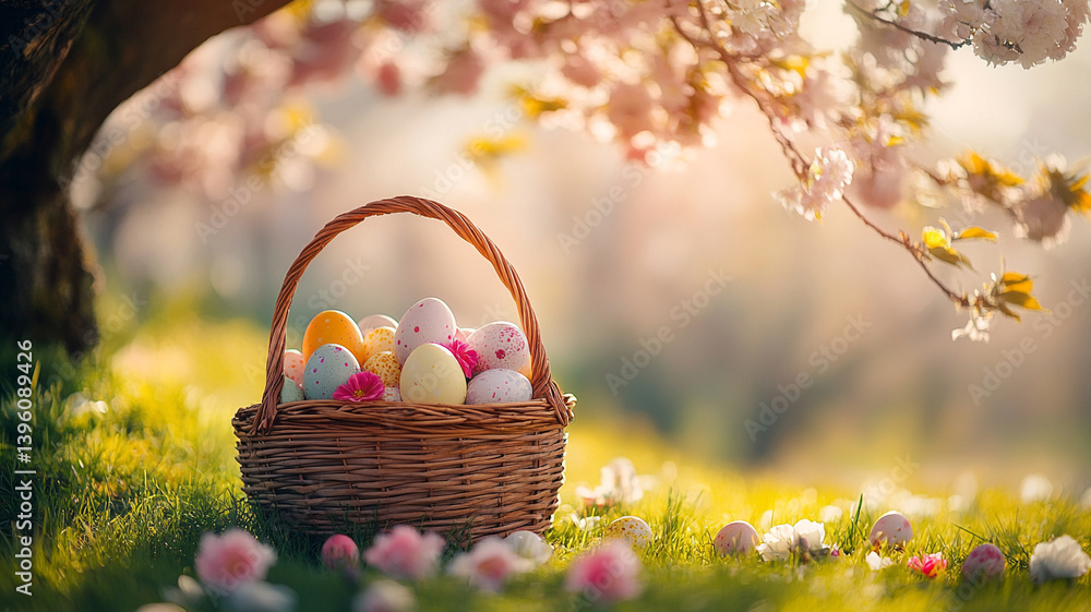 Colorful Easter Eggs in Wicker Basket Under Blooming Tree Colorful Easter Eggs in Wicker Basket Under Blooming Tree