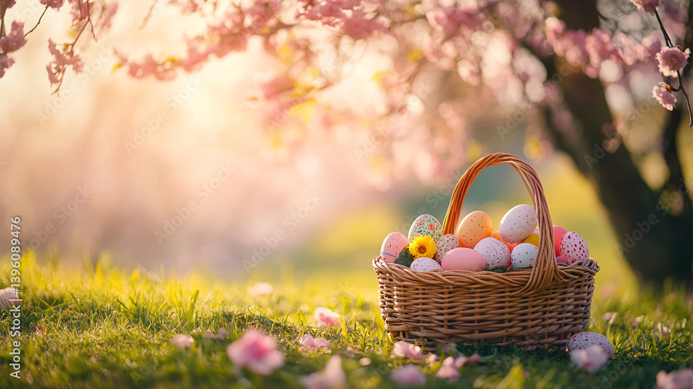 Colorful Easter Eggs in Wicker Basket Under Blooming Tree Colorful Easter Eggs in Wicker Basket Under Blooming Tree