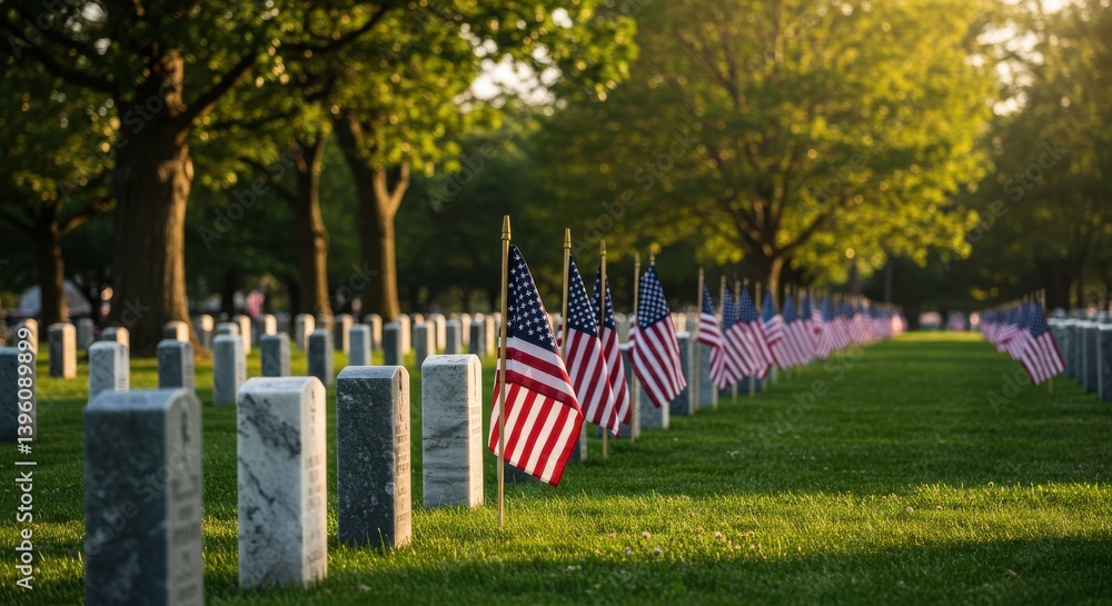 American flags adorn gravestones in a cemetery memorializing veterans on a sunny memorial day scene American flags adorn gravestones in a cemetery memorializing veterans on a sunny memorial day scene
