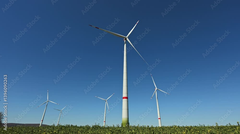 Ecological energy from windmills. Windmills spin in a field against a blue sky. Energy production using windmills. Ecological energy from windmills. Windmills spin in a field against a blue sky. Energy production using windmills.