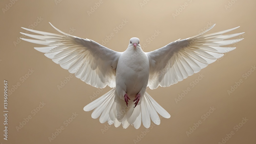 Fototapeta premium white dove flying with wings fully spread on soft beige background in mid-air