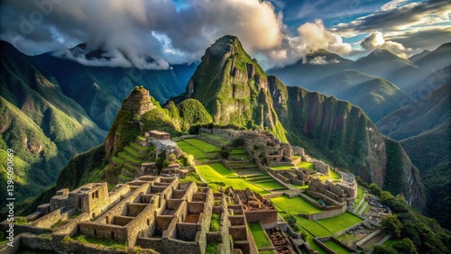 Majestic Machu Picchu Valley Panorama: Aerial View of Ancient Inca City Ruins