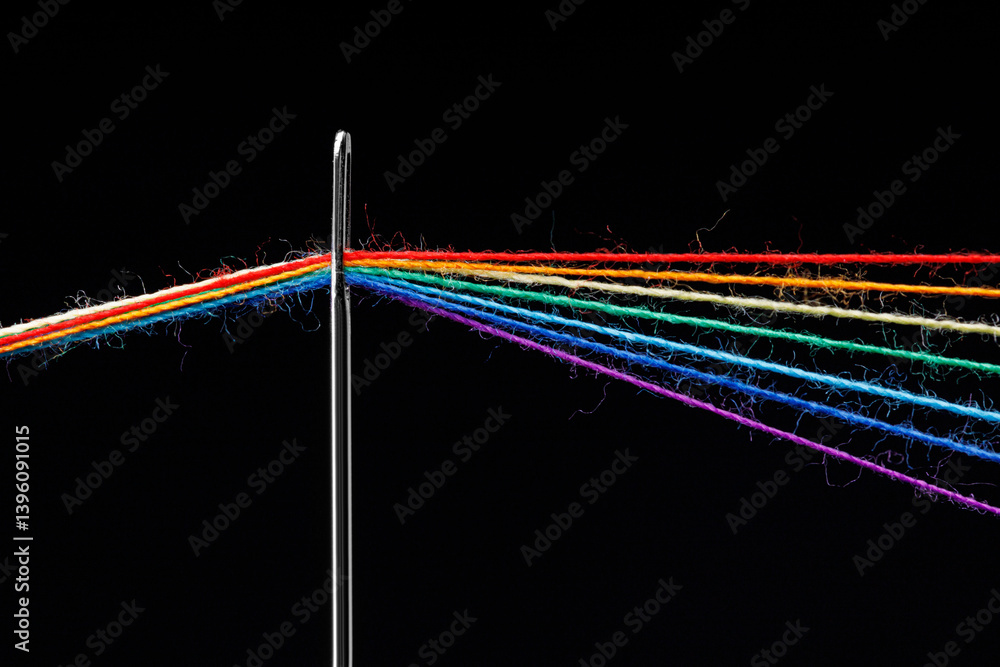 multi-colored threads for sewing in the form of a rainbow pass through an antique needle on a black background