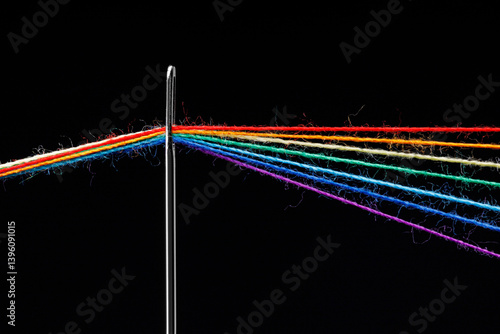 Obraz na płótnie multi-colored threads for sewing in the form of a rainbow pass through an antique needle on a black background w salonie
