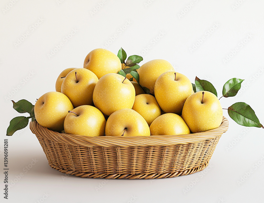 Wicker Basket Filled with Golden Apples and Green Leaves Wicker Basket Filled with Golden Apples and Green Leaves