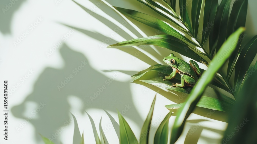 Fototapeta premium Green frog on palm leaves, sunlit background, minimalist design, nature