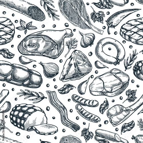 Meat products seamless pattern. Vector sketch illustration of salami, ham, sausages. Butcher shop design elements