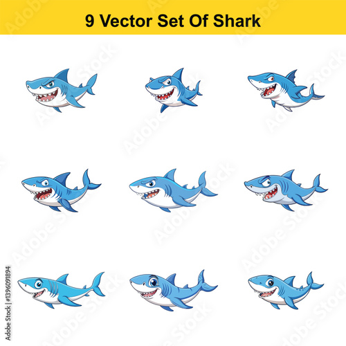 Nine Adorable Cartoon Sharks Vector Set: Perfect for Kids' Designs, Illustrations, and Educational Materials