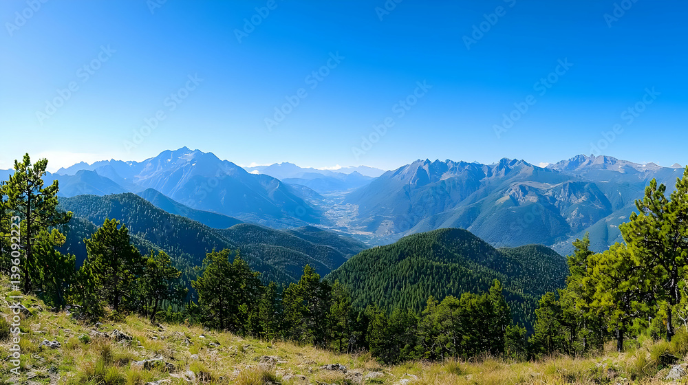 Fototapeta premium Panoramic Mountain Range Landscape With Forest