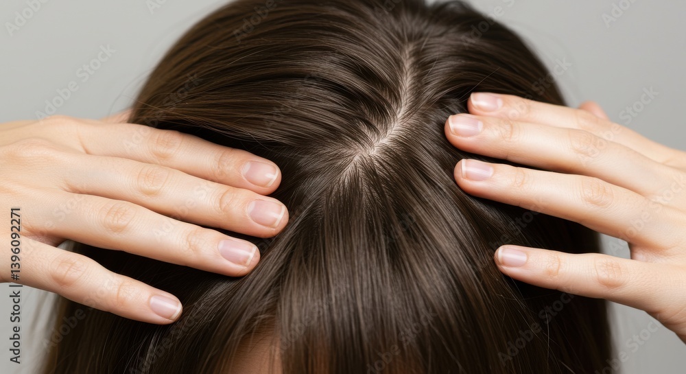 Close up of a person's hands parting their dark hair to reveal the scalp against a plain background view Close up of a person's hands parting their dark hair to reveal the scalp against a plain background view