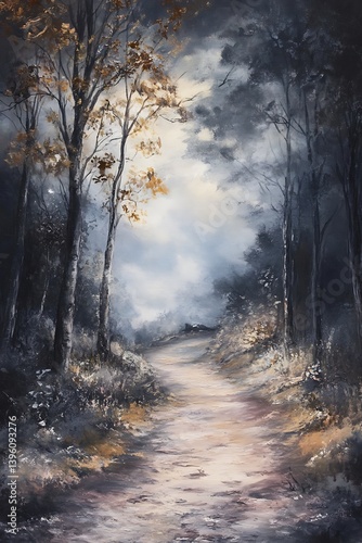 A calming view a quiet mountain trail, with trees lining the path and a soft mist rising from the ground.