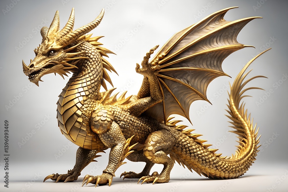 Majestic Golden Dragon Sculpture With Intricate Detail On White Background Fantasy Art And Mythological Creature Concept, dragon, gold, golden, sculpture, wings, scales, fantasy, mythical, creature Majestic Golden Dragon Sculpture With Intricate Detail On White Background Fantasy Art And Mythological Creature Concept, dragon, gold, golden, sculpture, wings, scales, fantasy, mythical, creature