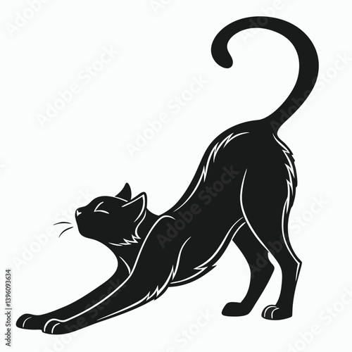 Black Cat Stretching Silhouette, Arching Back, Tail Upright Feline Flexibility Pose