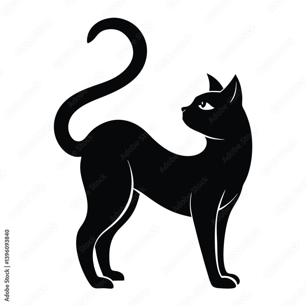 Silhouette of a Black Cat with Arched Back, Curved Tail, and Alert Eyes in Black Color Silhouette of a Black Cat with Arched Back, Curved Tail, and Alert Eyes in Black Color