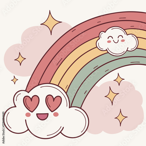Rainbow emoji with heart eyes and a dreamy pastel background

