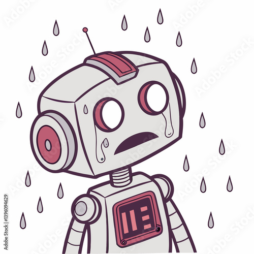 Robot emoji with digital tears and flickering LED face
