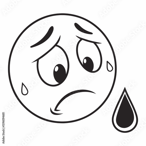 Minimalist sad emoji with a single droplet and drooped eyes